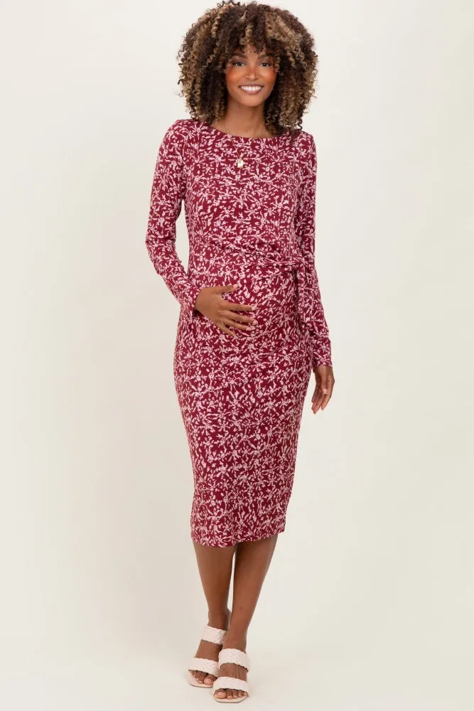 Wine Abstract Waist Tie Detail Long Sleeve Maternity Midi Dress sold by Pinkblush product image thumbnail 2