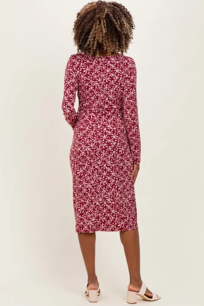 Wine Abstract Waist Tie Detail Long Sleeve Maternity Midi Dress sold by Pinkblush product image thumbnail 4