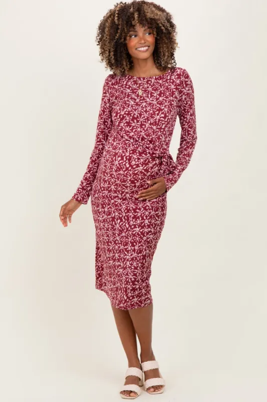 Wine Abstract Waist Tie Detail Long Sleeve Maternity Midi Dress made by Gilli