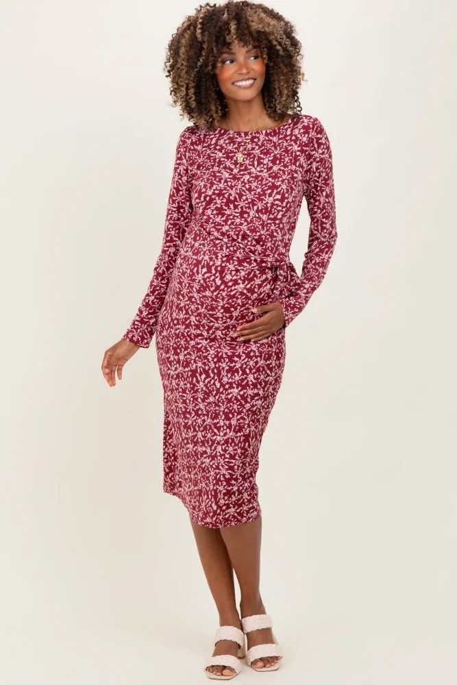 Wine Abstract Waist Tie Detail Long Sleeve Maternity Midi Dress sold by Pinkblush