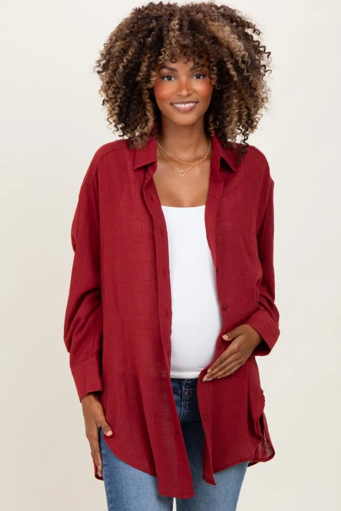Burgundy Oversized Maternity Button Down Shirt sold by Pinkblush