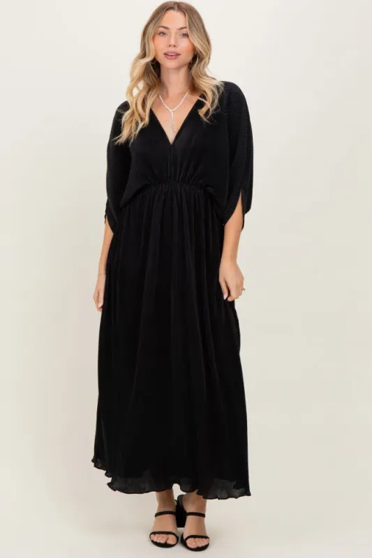 Black Pleated Satin Dolman Sleeve Maxi Dress sold by Pinkblush