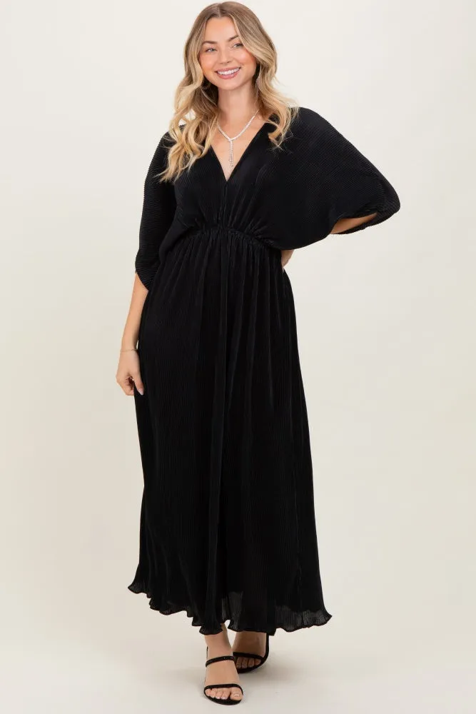 Black Pleated Satin Dolman Sleeve Maxi Dress sold by Pinkblush product image thumbnail 2