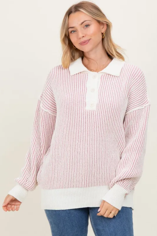 Light Pink Two Tone Stripe Textured Henley Neck Sweater Top sold by Pinkblush