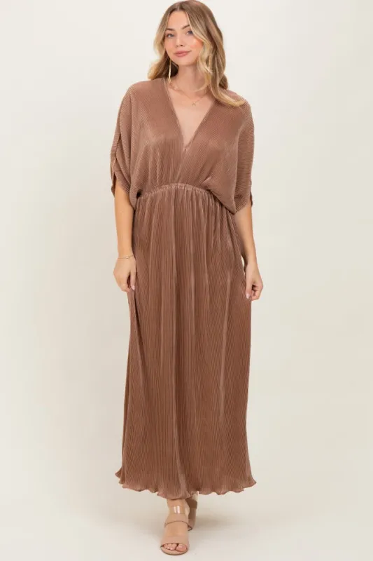 Mocha Pleated Satin Dolman Sleeve Maxi Dress sold by Pinkblush