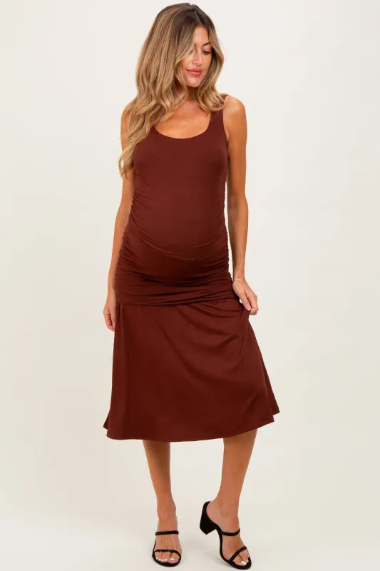 Brown Ruched Drop Waist Sleeveless Maternity Midi Dress sold by Pinkblush