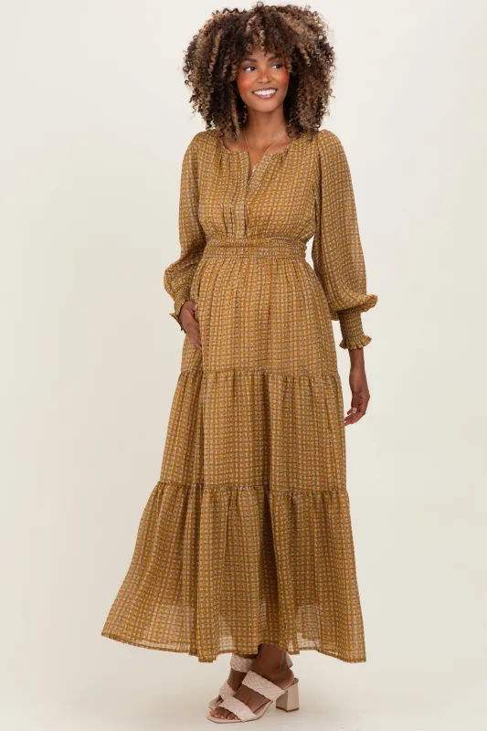 Yellow Printed Smocked Waist Tiered Maternity Maxi Dress sold by Pinkblush
