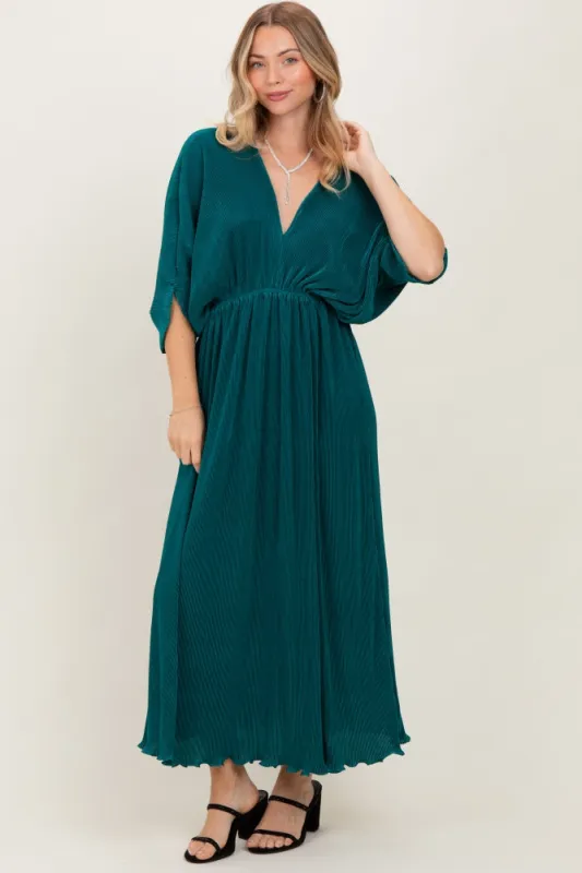Forest Green Pleated Satin Dolman Sleeve Maxi Dress sold by Pinkblush