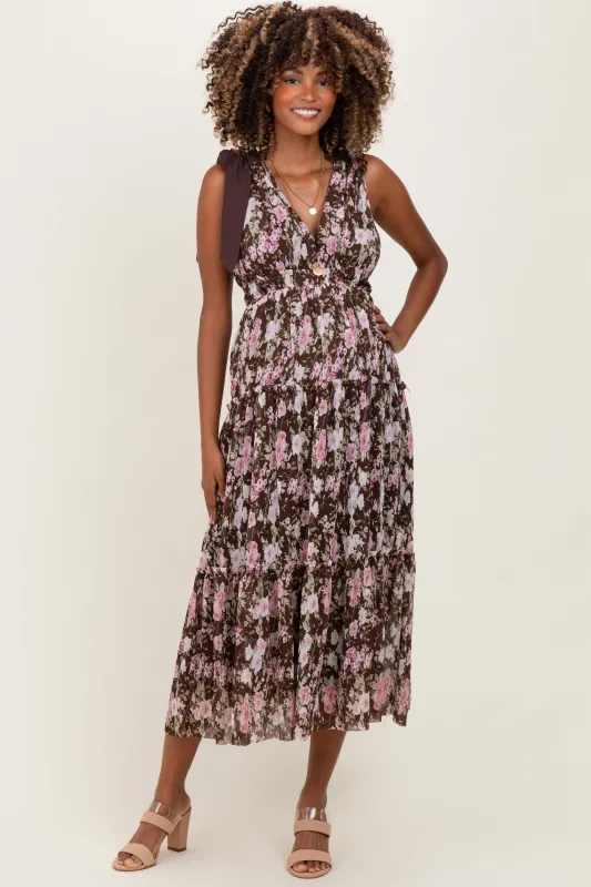 Brown Floral V-Neck Shoulder Tie Maternity Midi Dress sold by Pinkblush