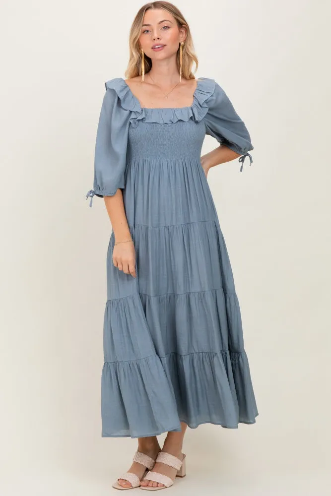 Light Blue Smocked Ruffle Detail Tiered Midi Dress sold by Pinkblush product image thumbnail 2