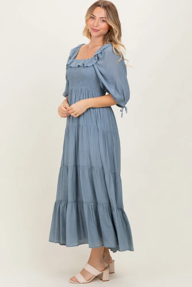 Light Blue Smocked Ruffle Detail Tiered Midi Dress sold by Pinkblush product image thumbnail 3