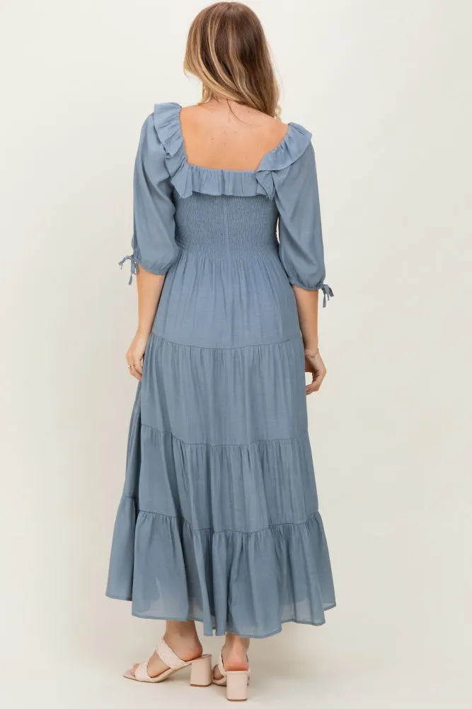 Light Blue Smocked Ruffle Detail Tiered Midi Dress sold by Pinkblush product image thumbnail 4