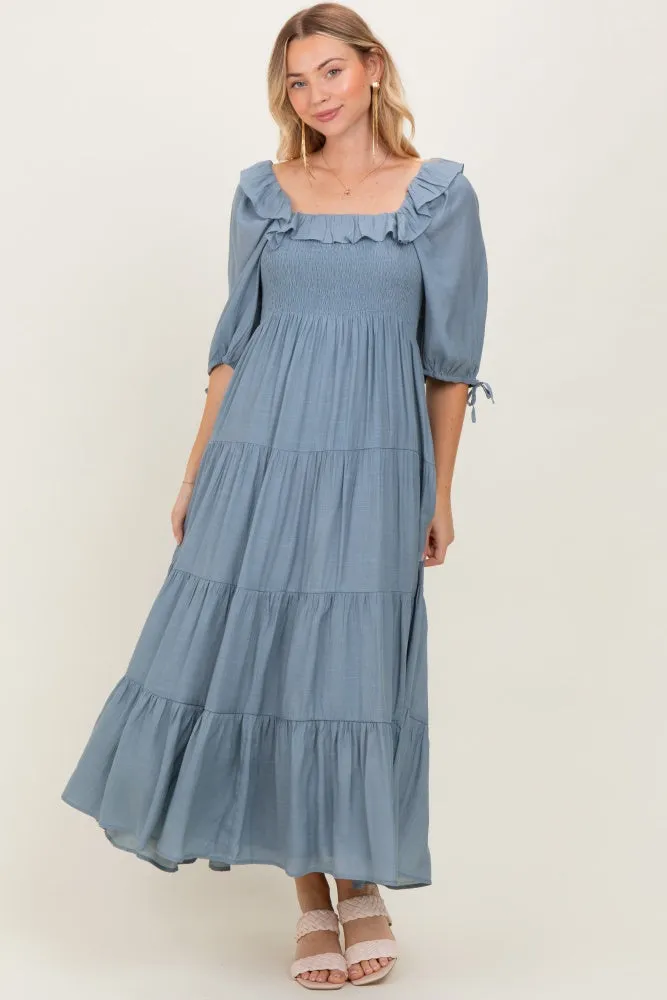 Light Blue Smocked Ruffle Detail Tiered Midi Dress sold by Pinkblush