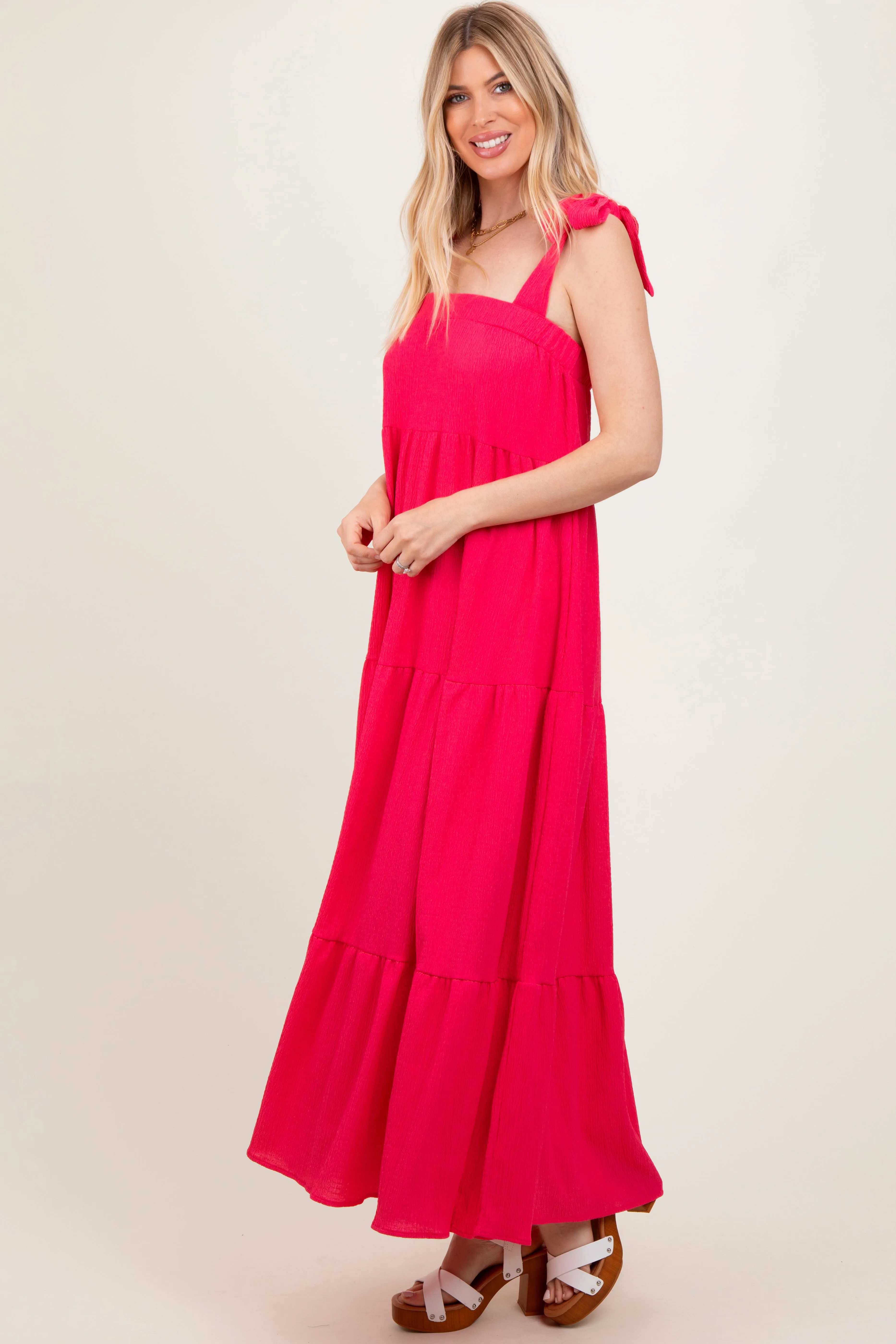 Fuchsia Shoulder Tie Tiered Maxi Dress sold by Pinkblush product image thumbnail 3