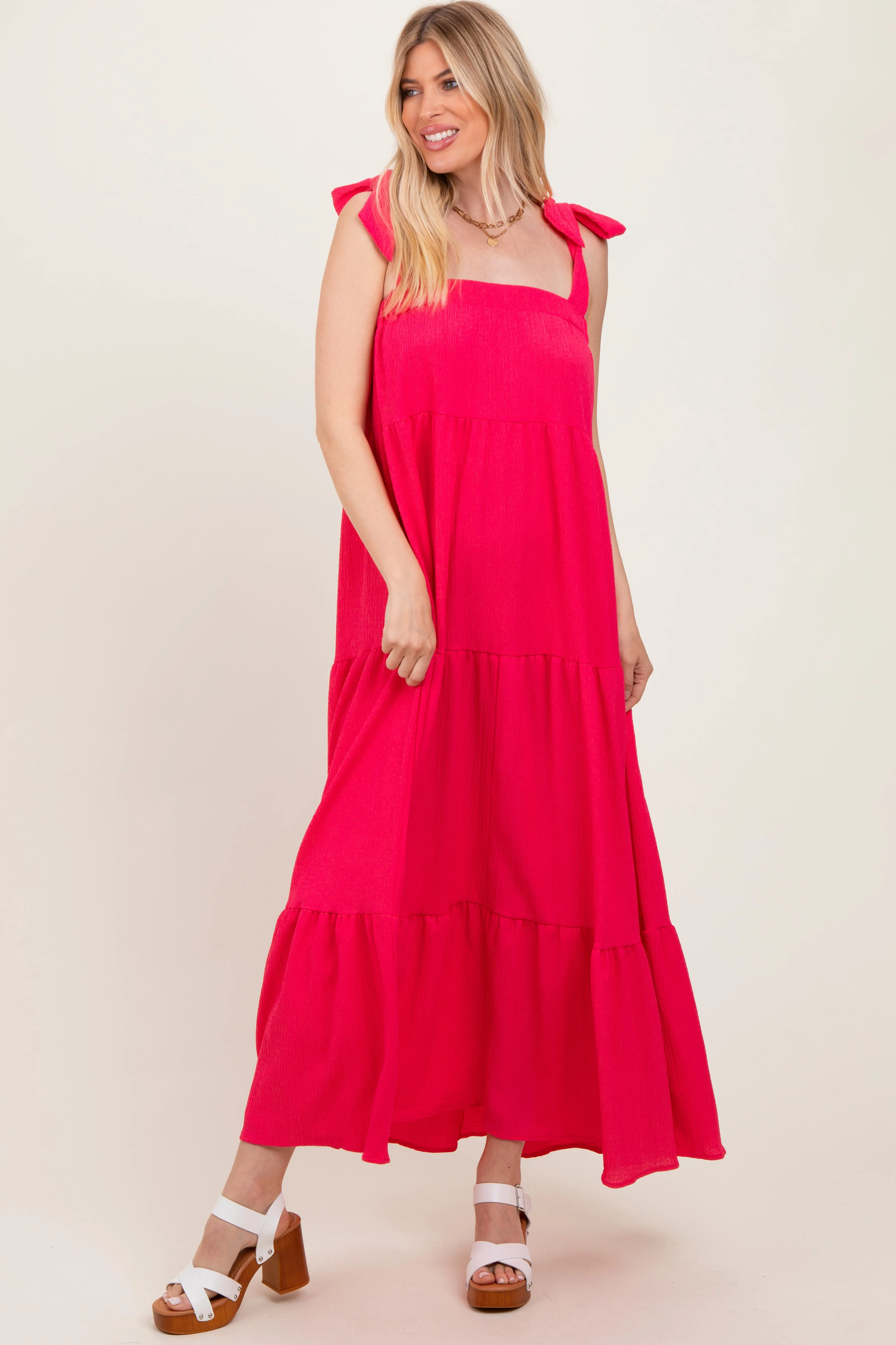 Fuchsia Shoulder Tie Tiered Maxi Dress sold by Pinkblush