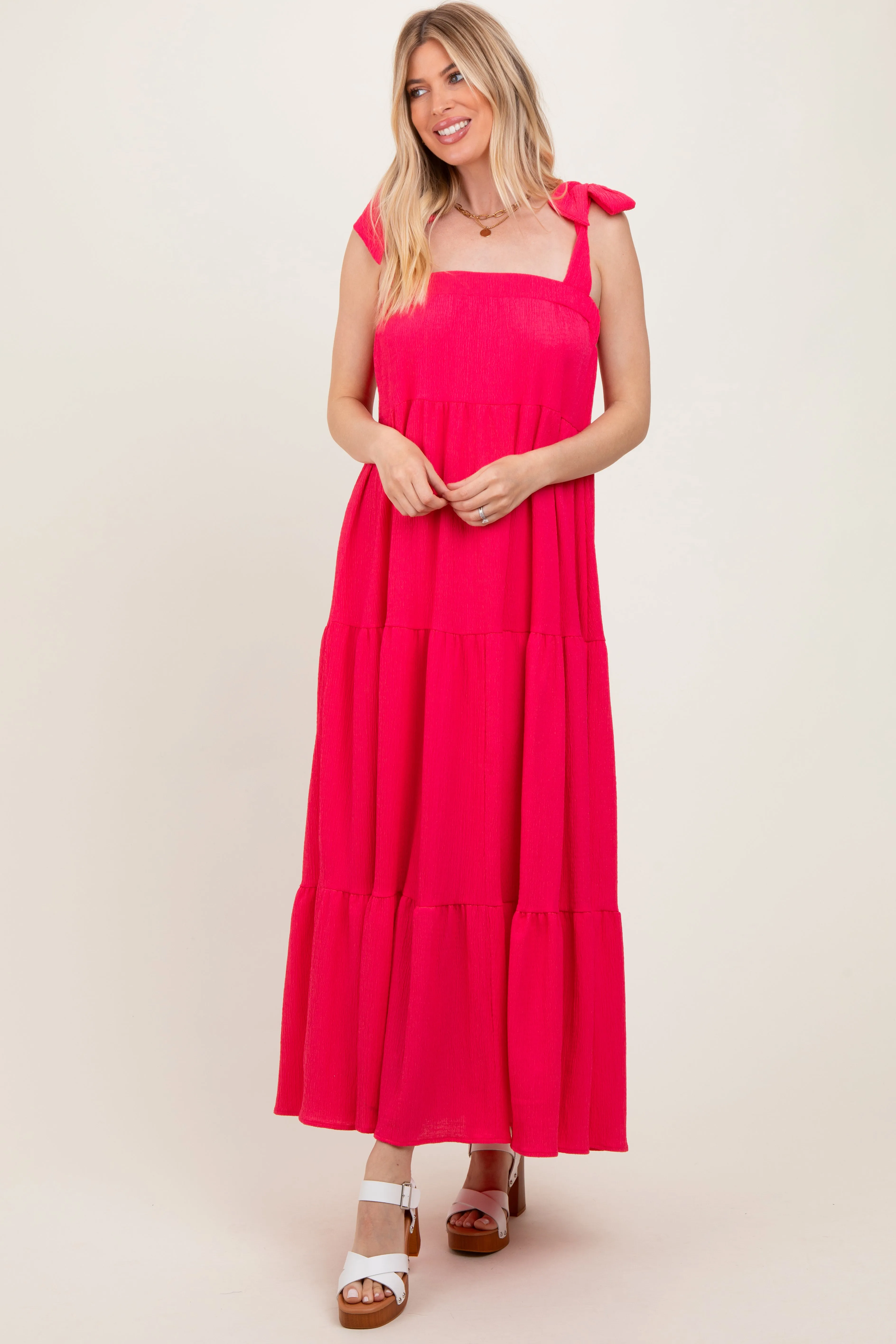 Fuchsia Shoulder Tie Tiered Maxi Dress sold by Pinkblush product image thumbnail 2