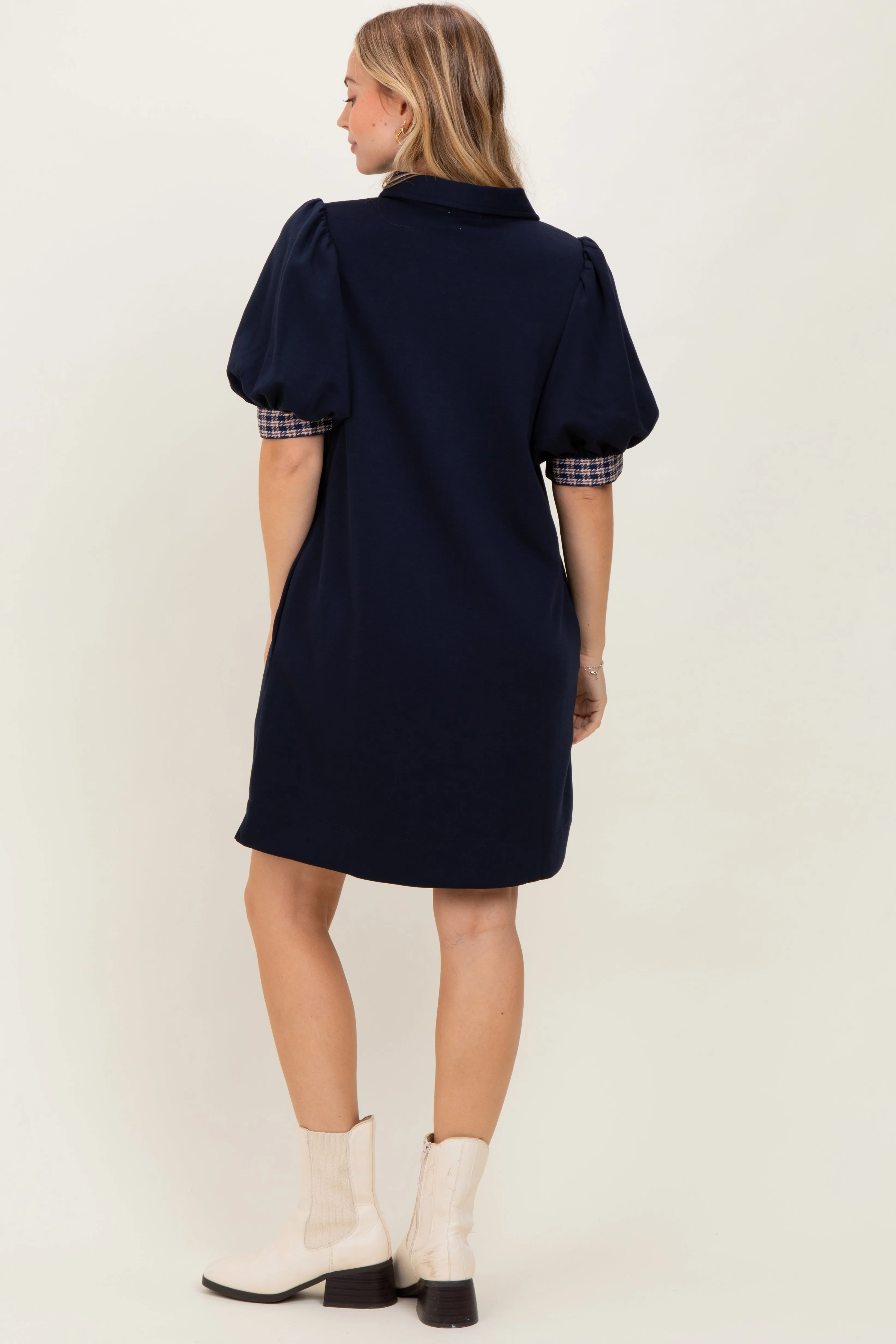 Navy Plaid Accent Puff Sleeve Mini Dress sold by Pinkblush product image thumbnail 4