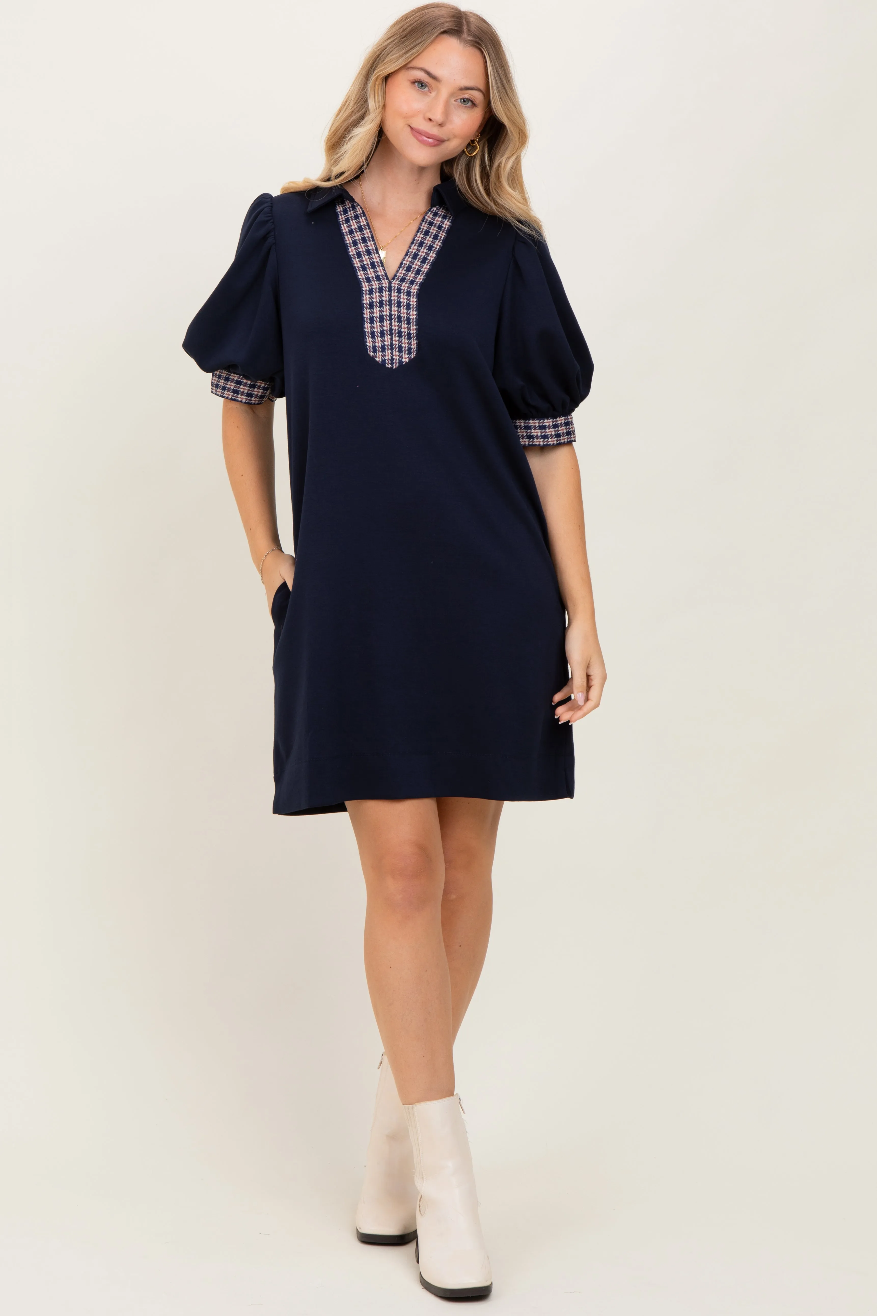 Navy Plaid Accent Puff Sleeve Mini Dress sold by Pinkblush product image thumbnail 2