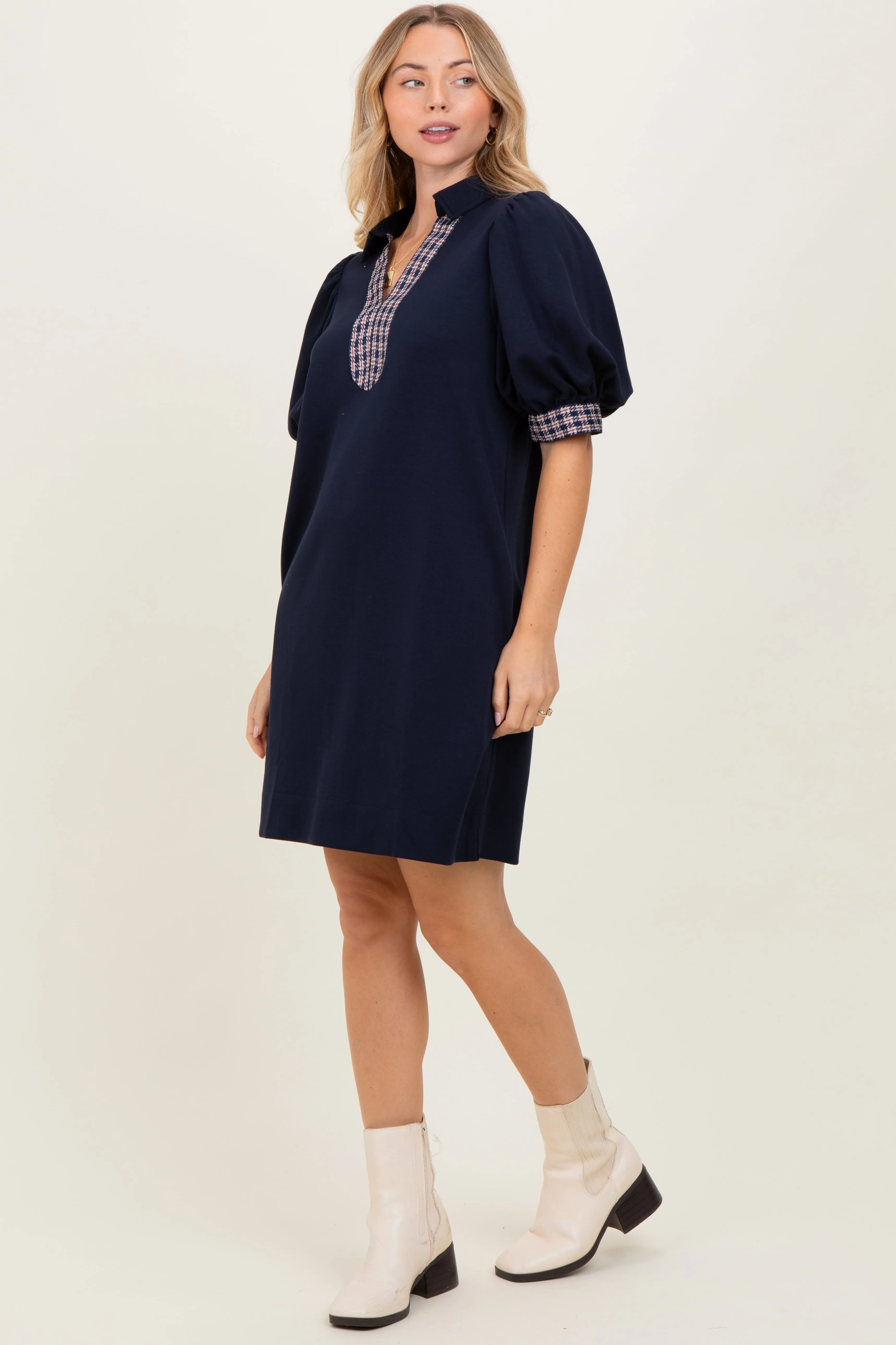 Navy Plaid Accent Puff Sleeve Mini Dress sold by Pinkblush product image thumbnail 3