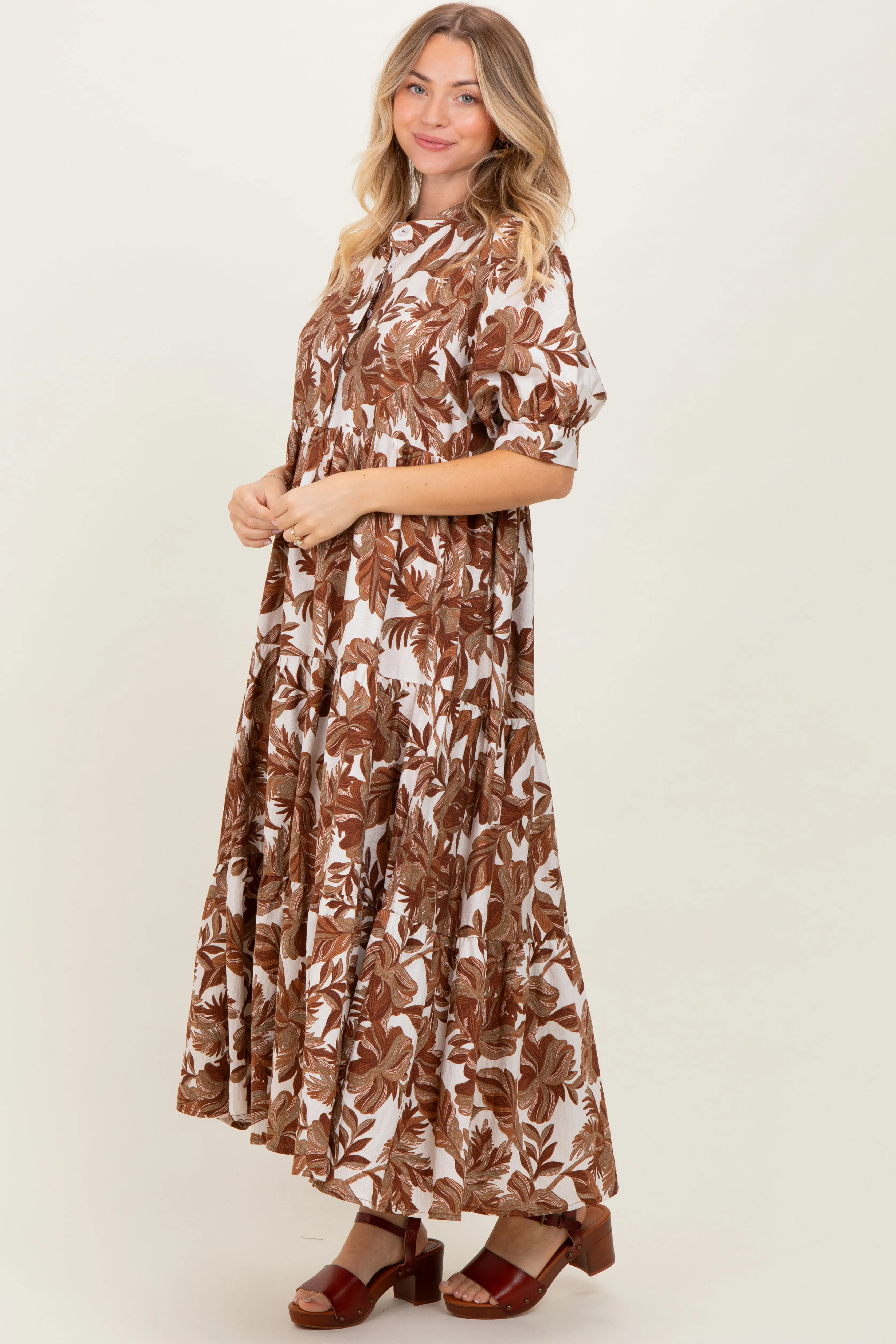 Brown Leaf Print Tiered Midi Dress sold by Pinkblush product image thumbnail 2