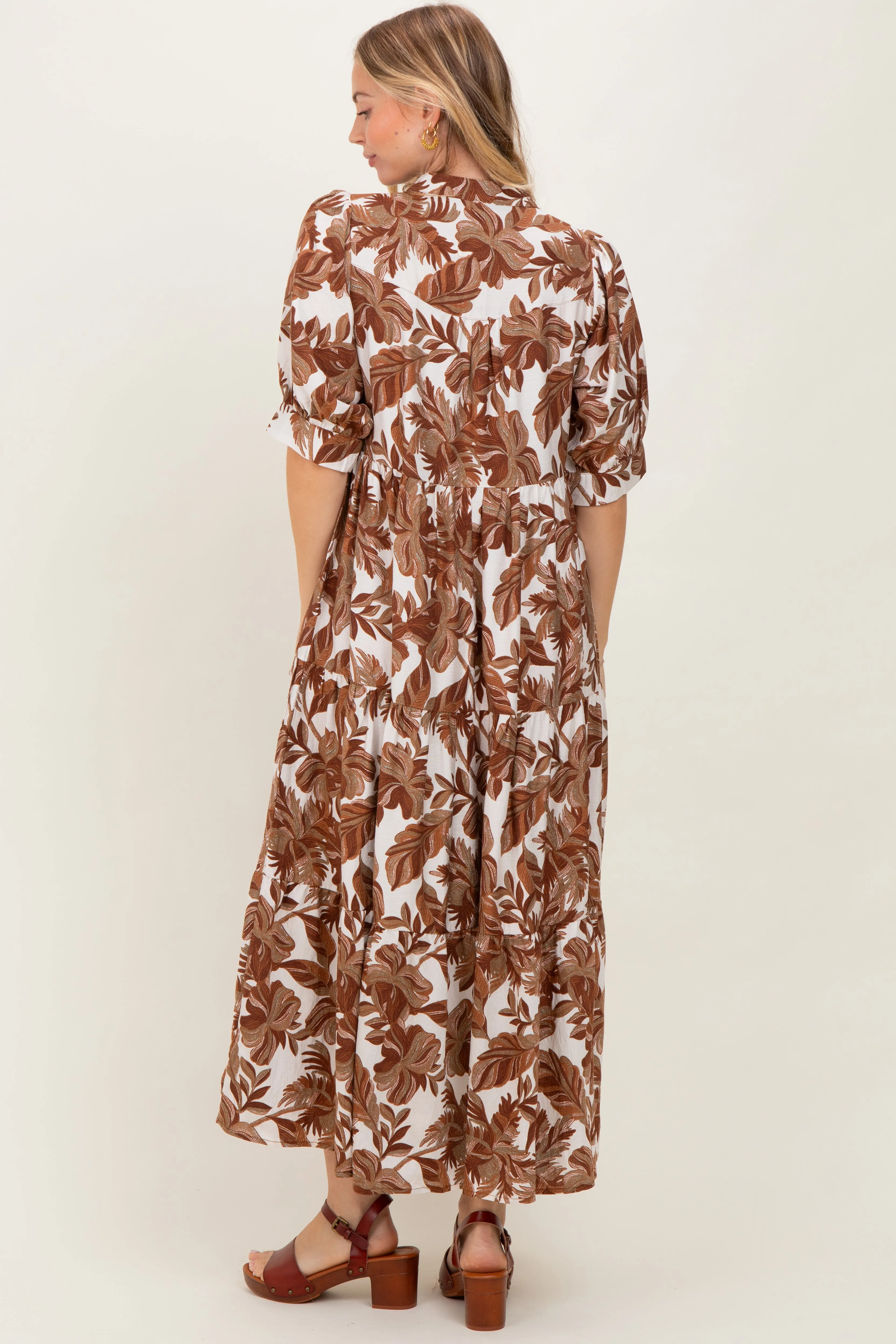 Brown Leaf Print Tiered Midi Dress sold by Pinkblush product image thumbnail 3