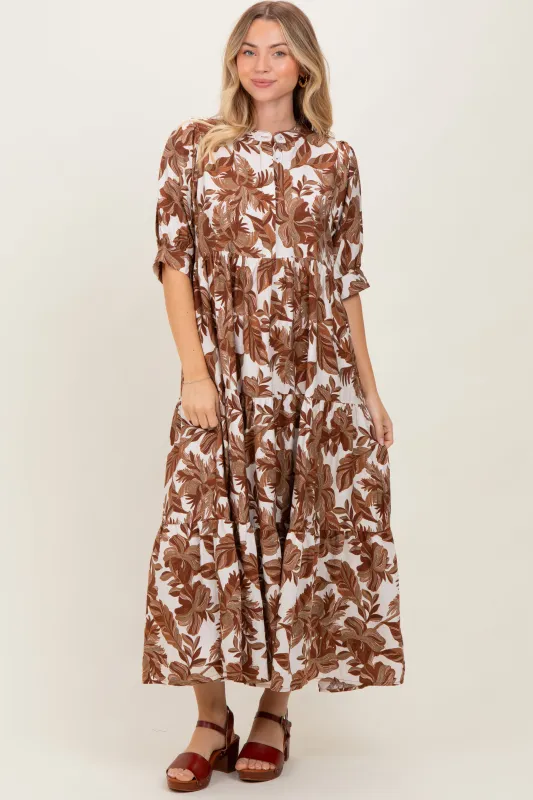 Brown Leaf Print Tiered Midi Dress sold by Pinkblush