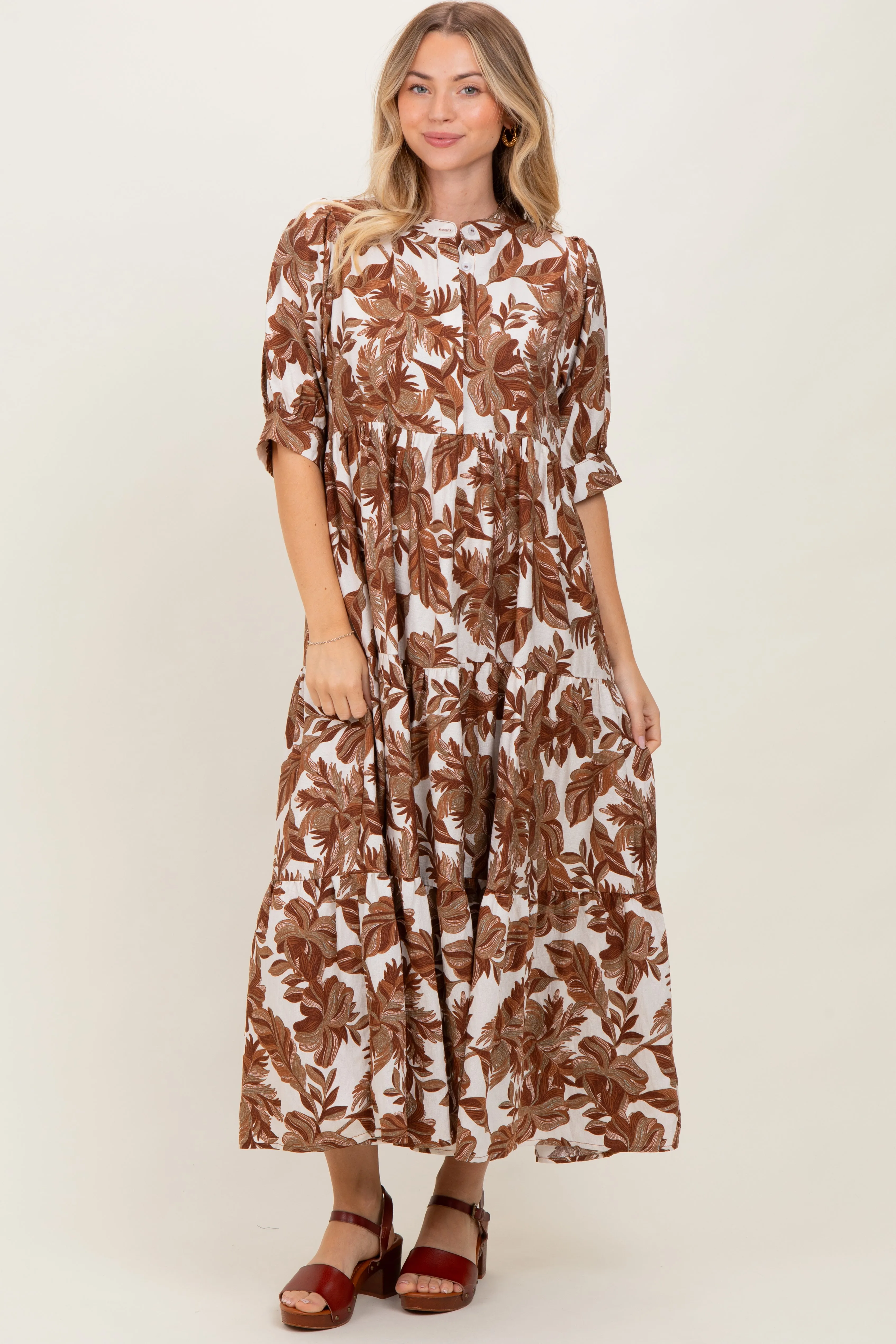 Brown Leaf Print Tiered Midi Dress sold by Pinkblush
