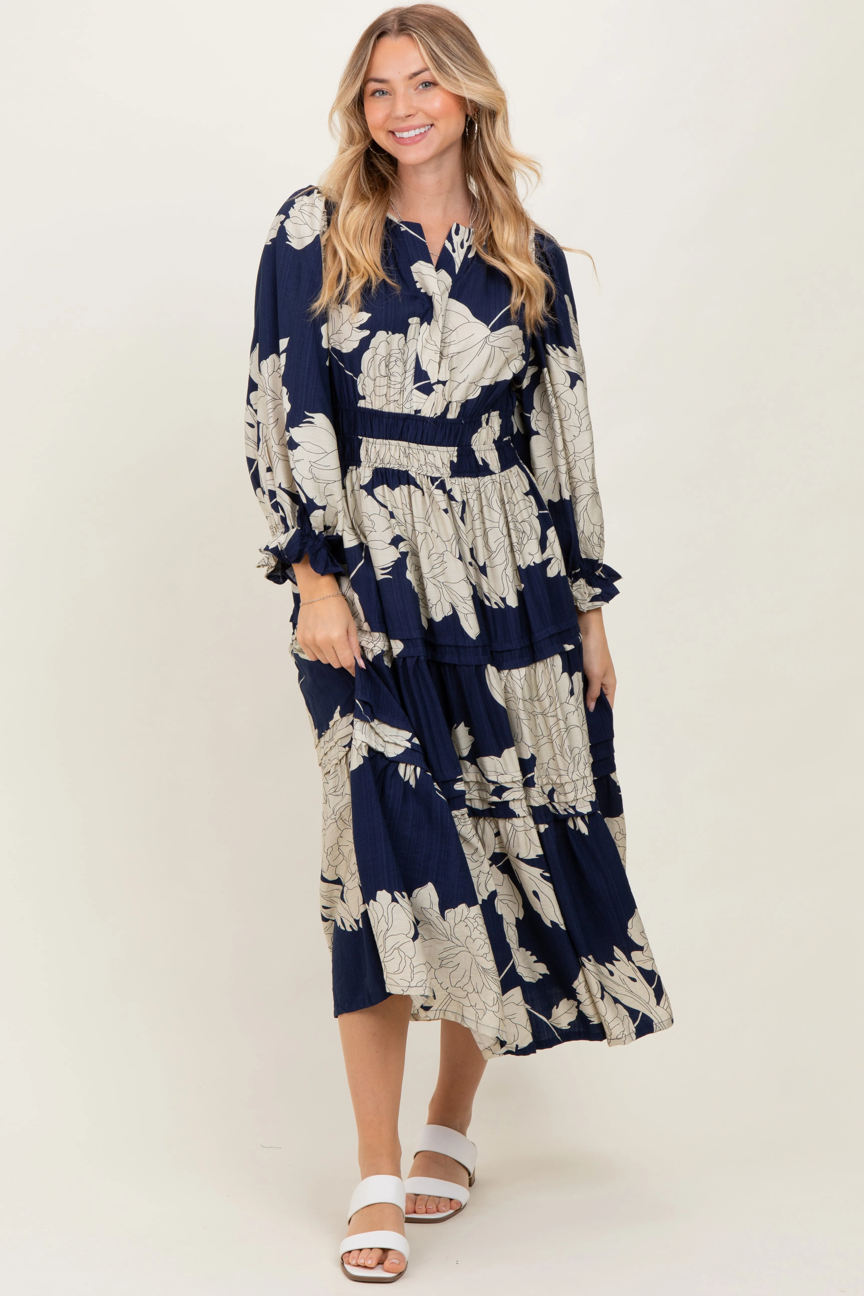 Navy Floral Long 3/4 Sleeve Tiered Midi Dress sold by Pinkblush product image thumbnail 2