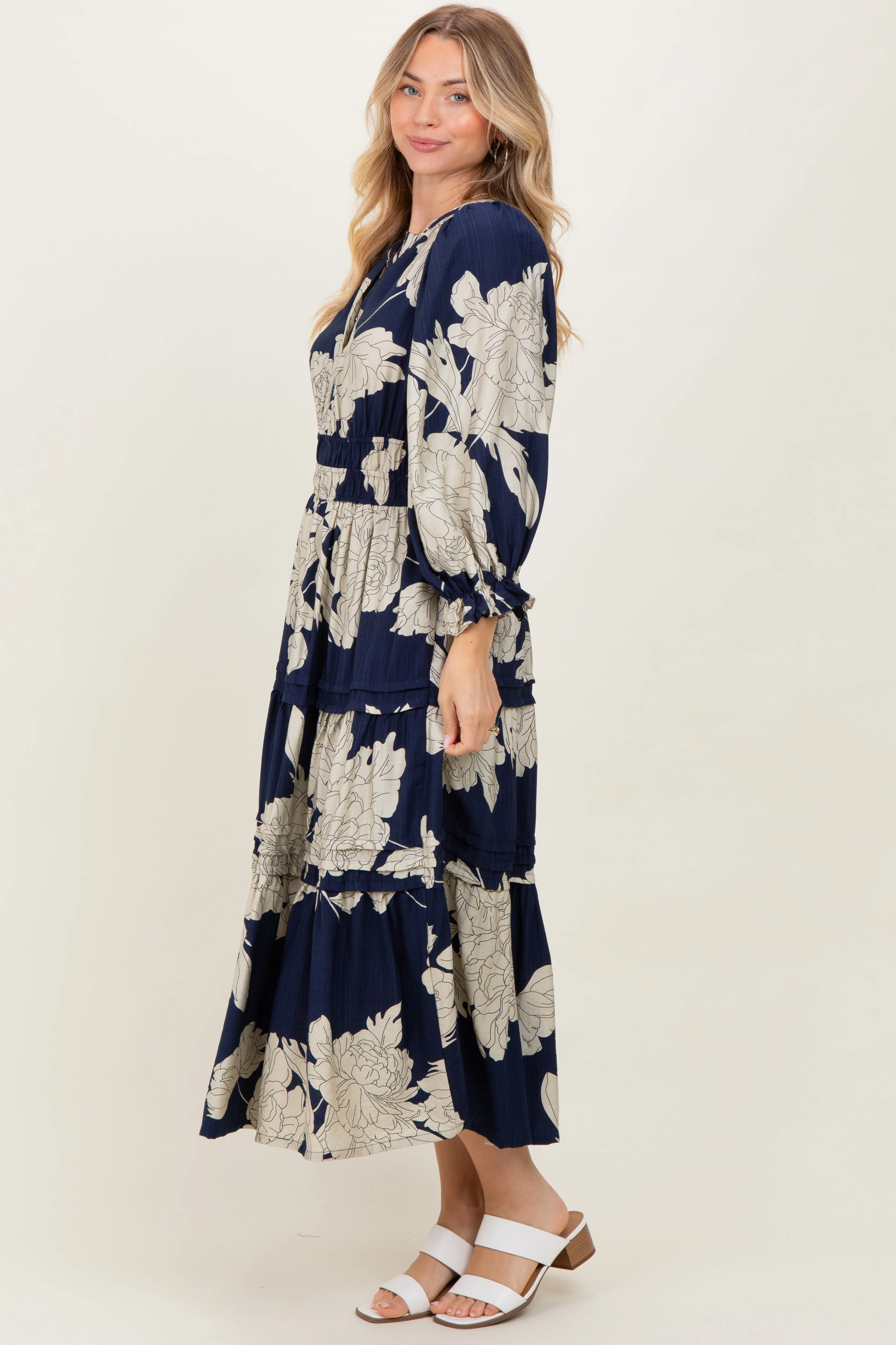 Navy Floral Long 3/4 Sleeve Tiered Midi Dress sold by Pinkblush product image thumbnail 3