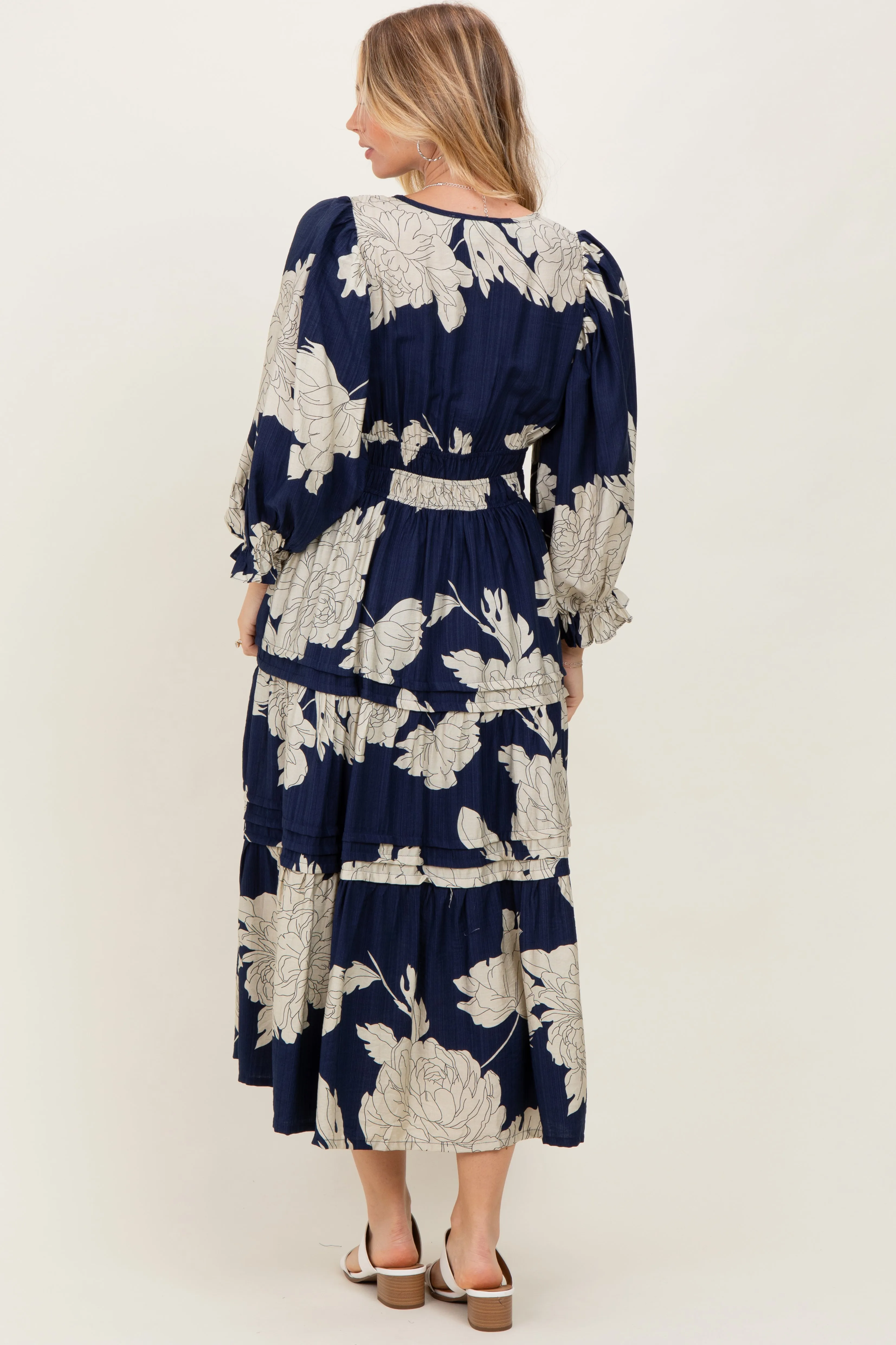Navy Floral Long 3/4 Sleeve Tiered Midi Dress sold by Pinkblush product image thumbnail 4