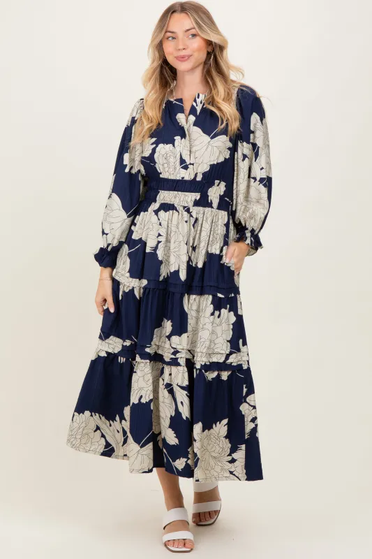 Navy Floral Long 3/4 Sleeve Tiered Midi Dress sold by Pinkblush