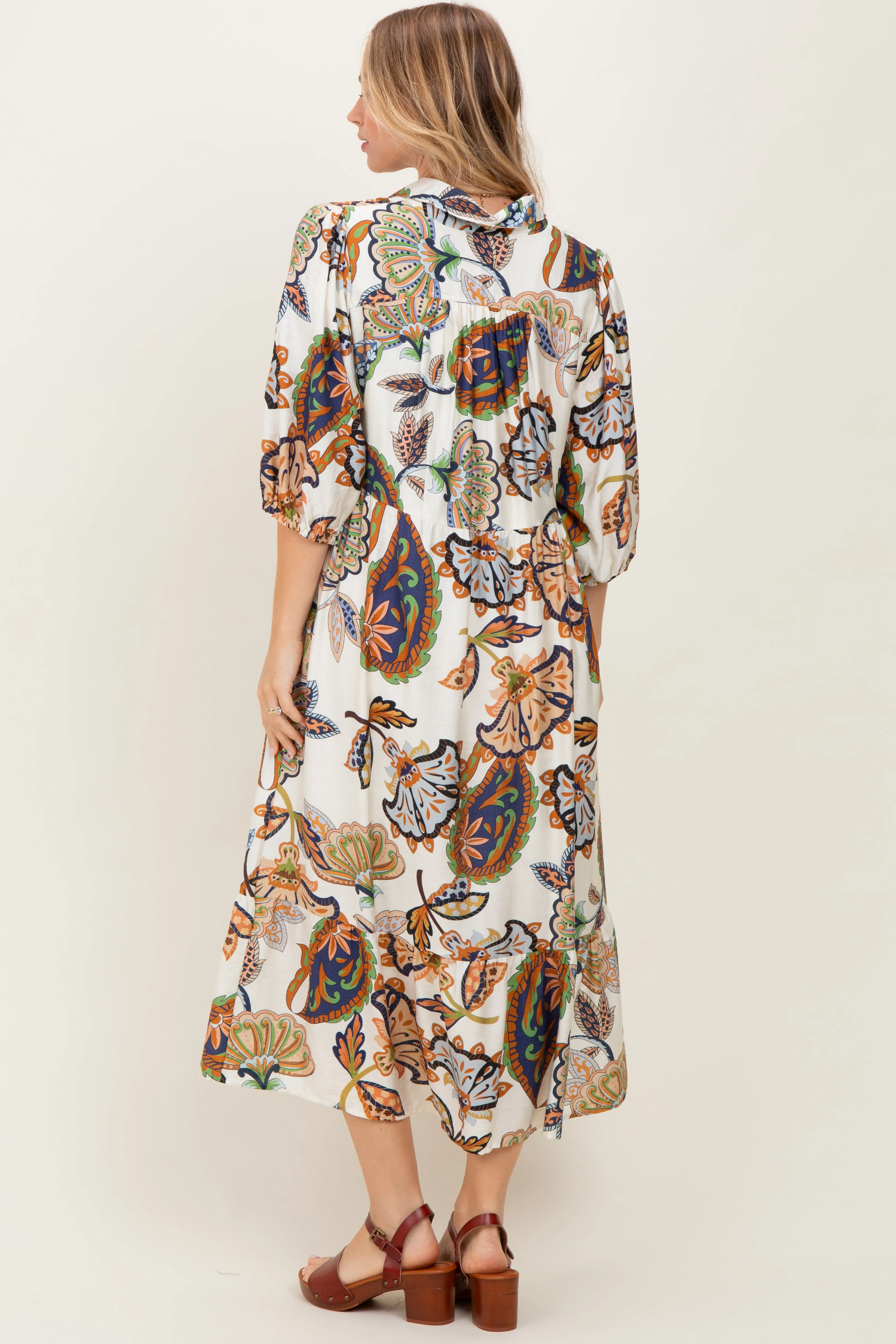 Cream Floral Collared 3/4 Sleeve Midi Dress sold by Pinkblush product image thumbnail 3