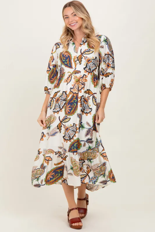 Cream Floral Collared 3/4 Sleeve Midi Dress sold by Pinkblush