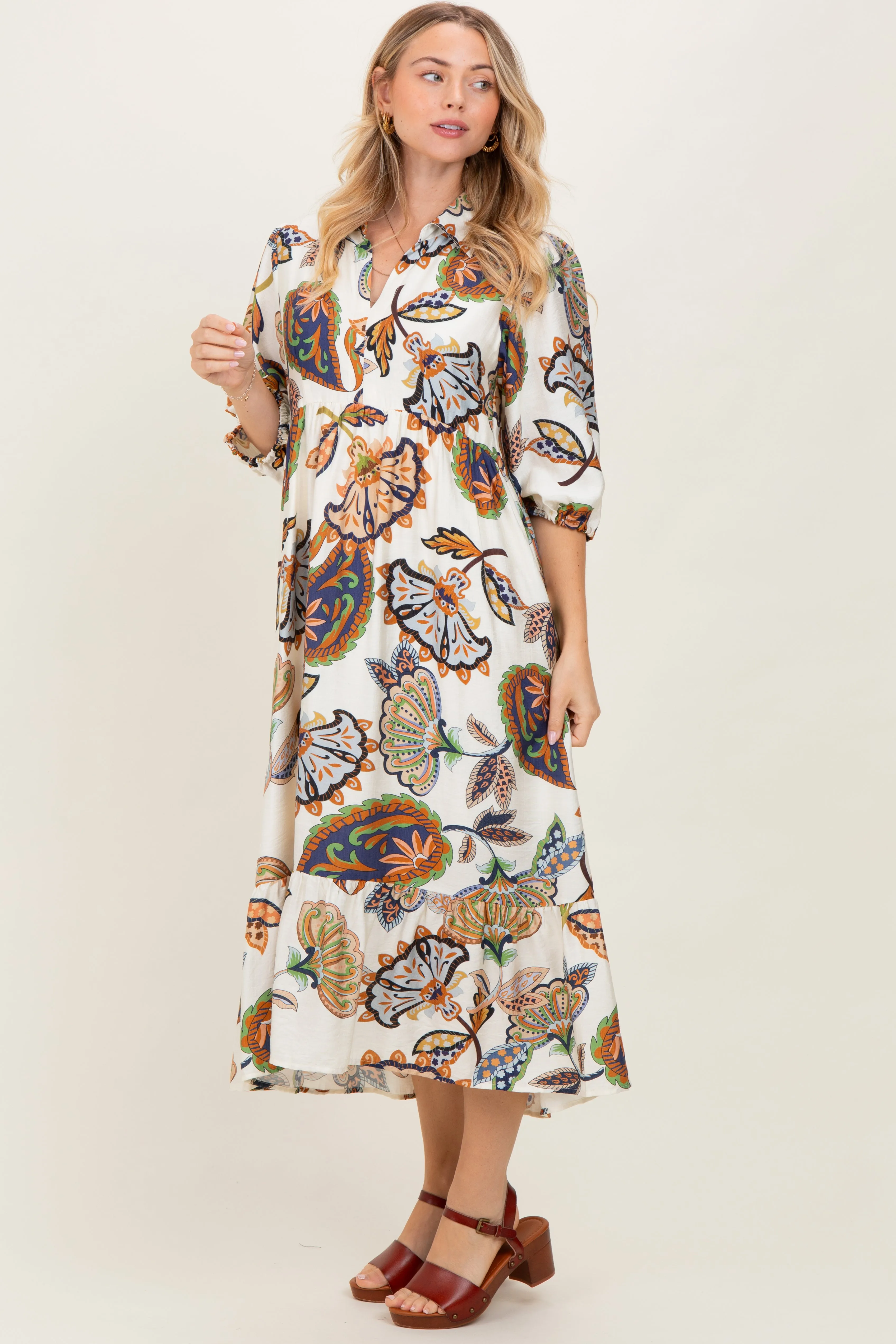 Cream Floral Collared 3/4 Sleeve Midi Dress sold by Pinkblush product image thumbnail 2