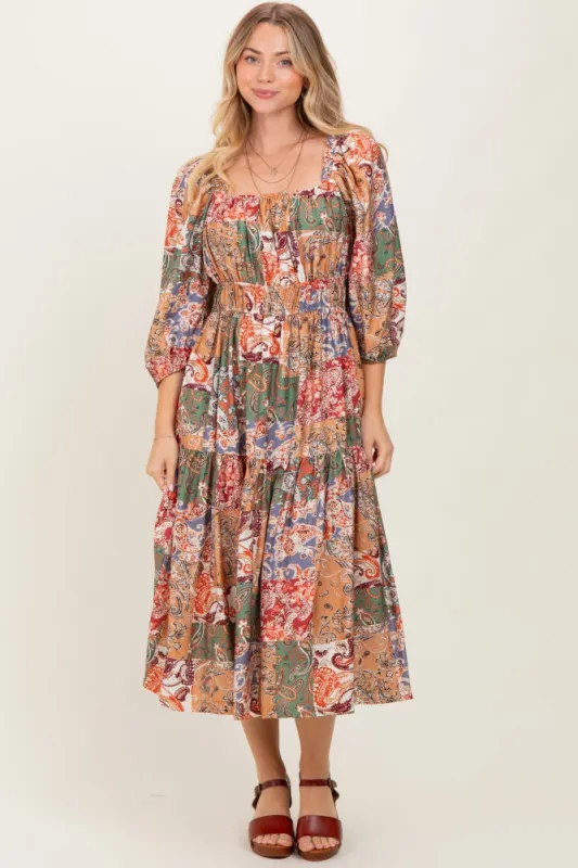 Multicolor Floral Paisley Patchwork 3/4 Sleeve Midi Dress sold by Pinkblush