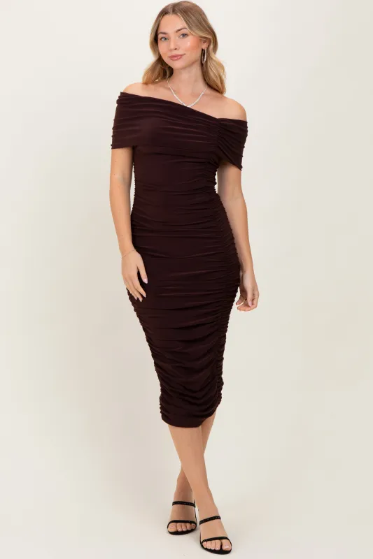 Brown Off Shoulder Ruched Midi Dress sold by Pinkblush