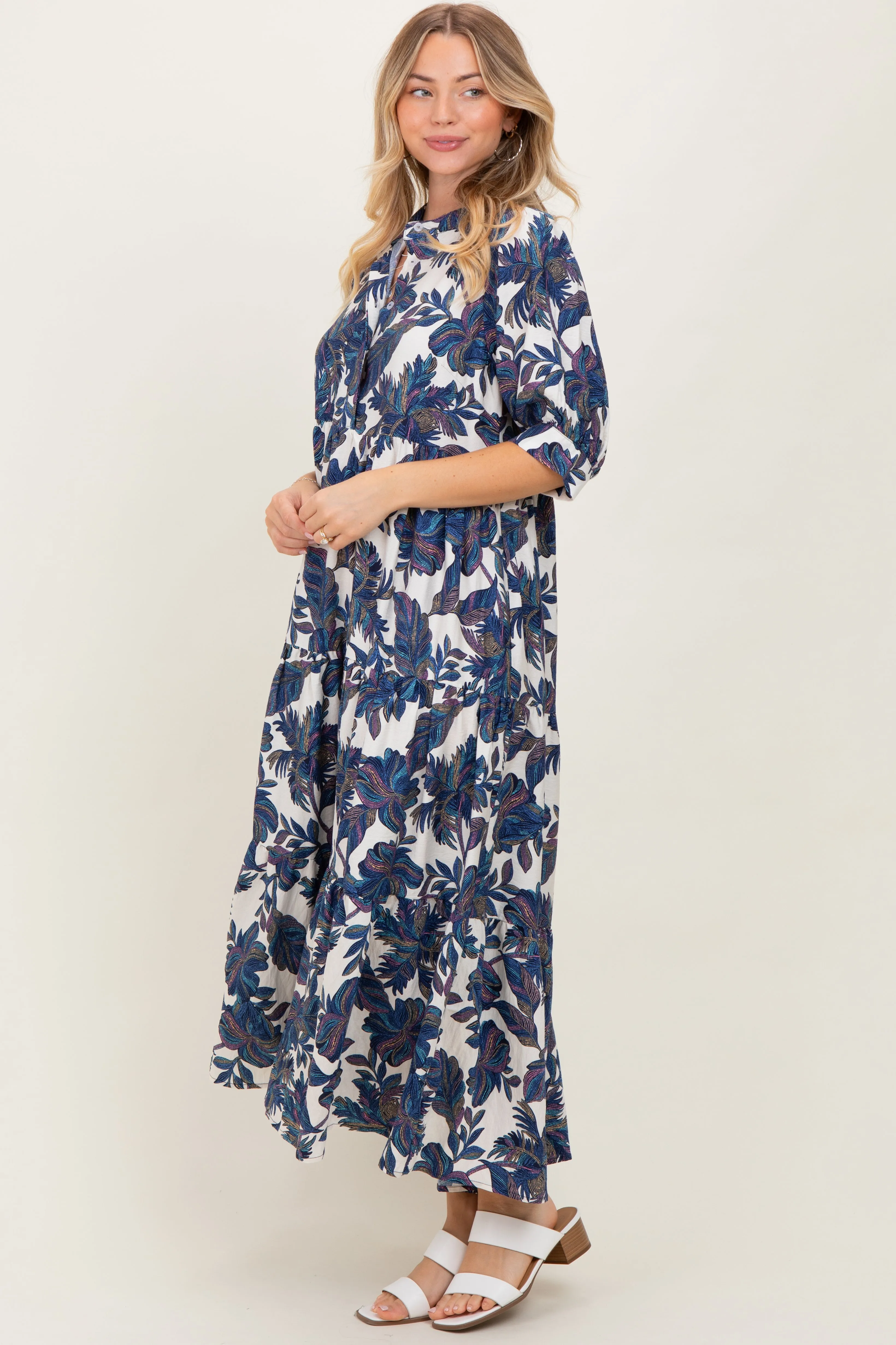 Navy Leaf Print Tiered Midi Dress sold by Pinkblush product image thumbnail 3