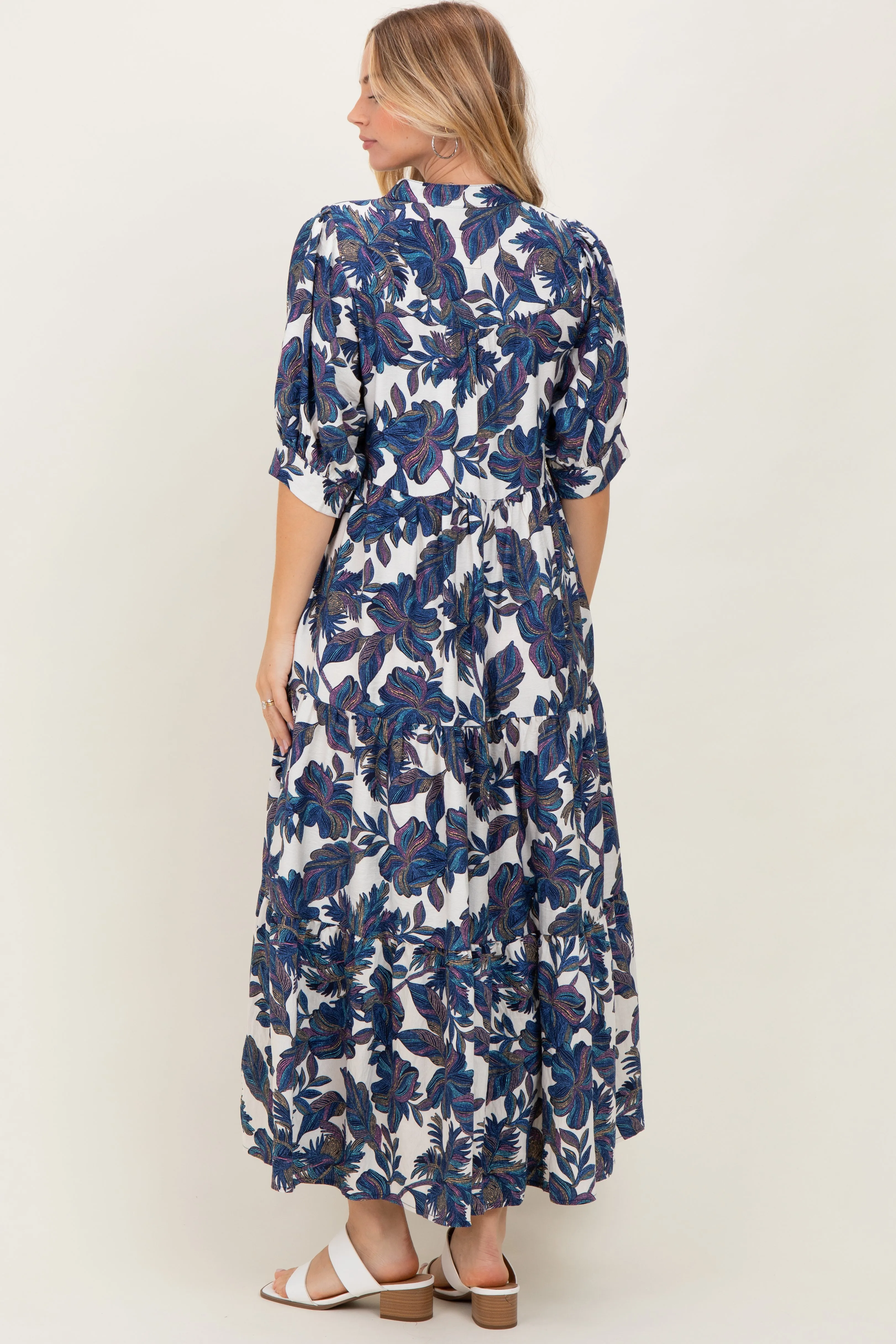 Navy Leaf Print Tiered Midi Dress sold by Pinkblush product image thumbnail 4