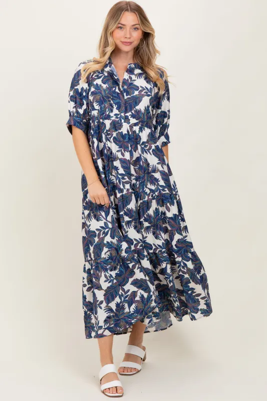 Navy Leaf Print Tiered Midi Dress sold by Pinkblush