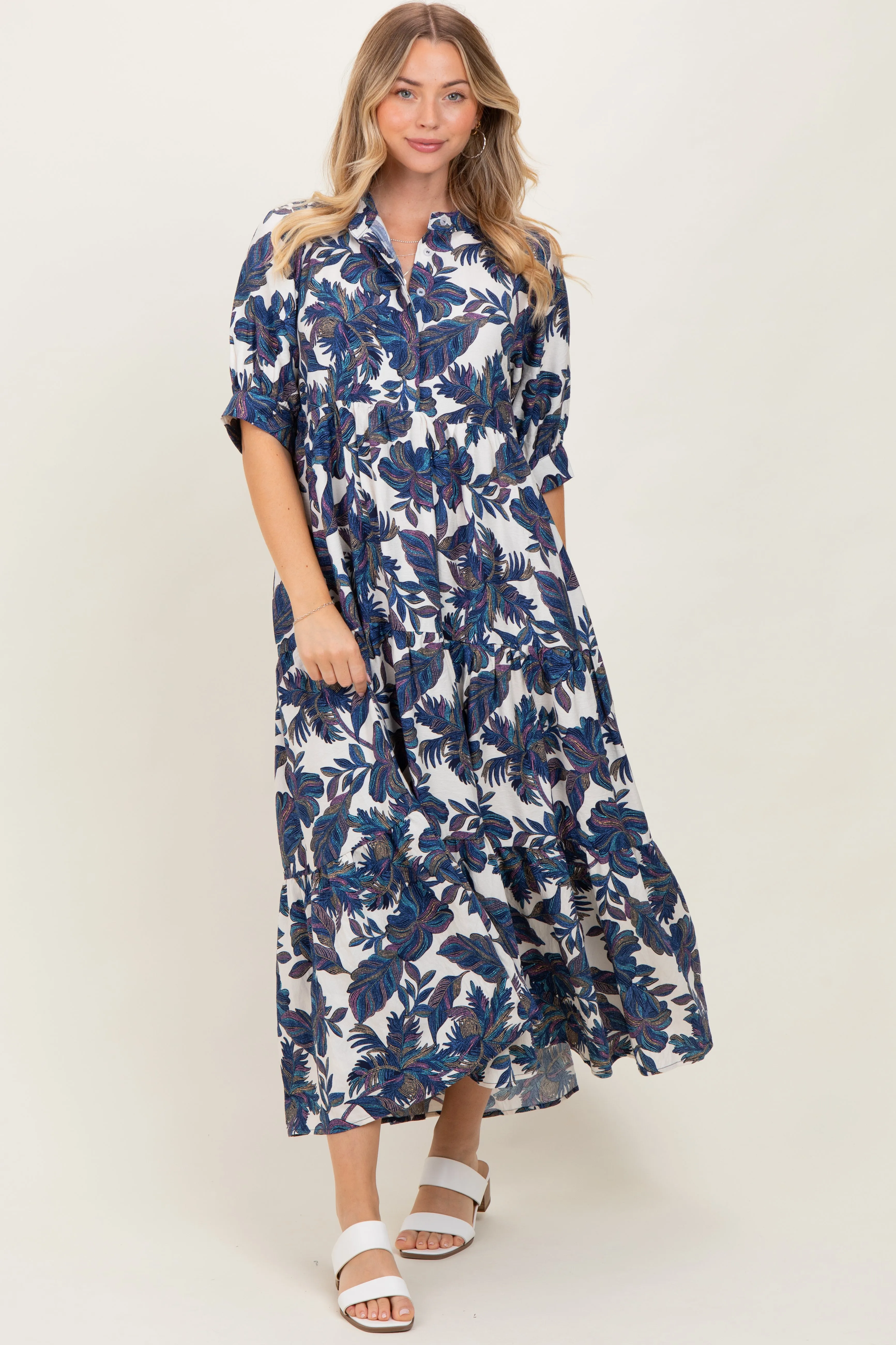 Navy Leaf Print Tiered Midi Dress sold by Pinkblush
