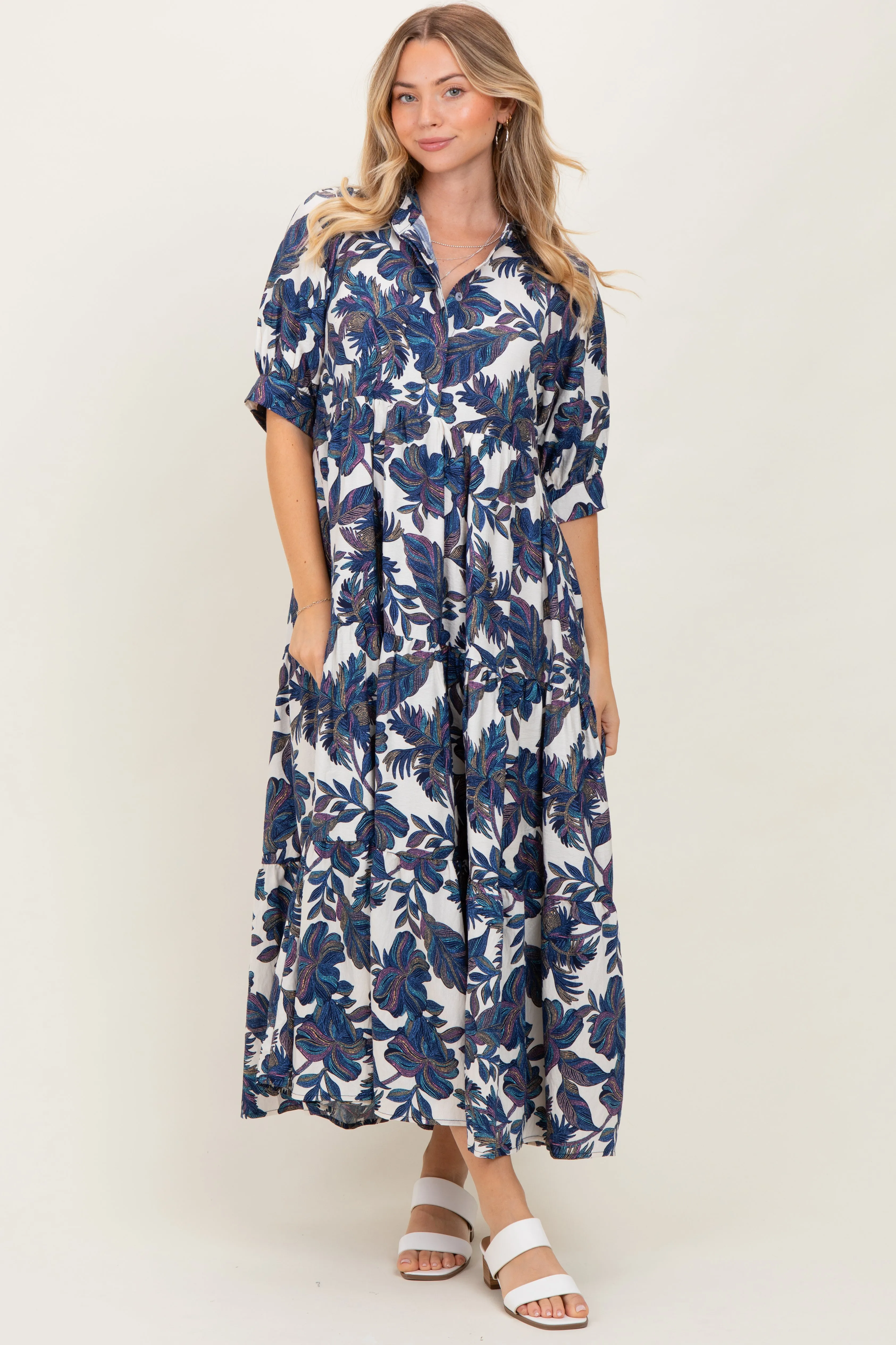 Navy Leaf Print Tiered Midi Dress sold by Pinkblush product image thumbnail 2