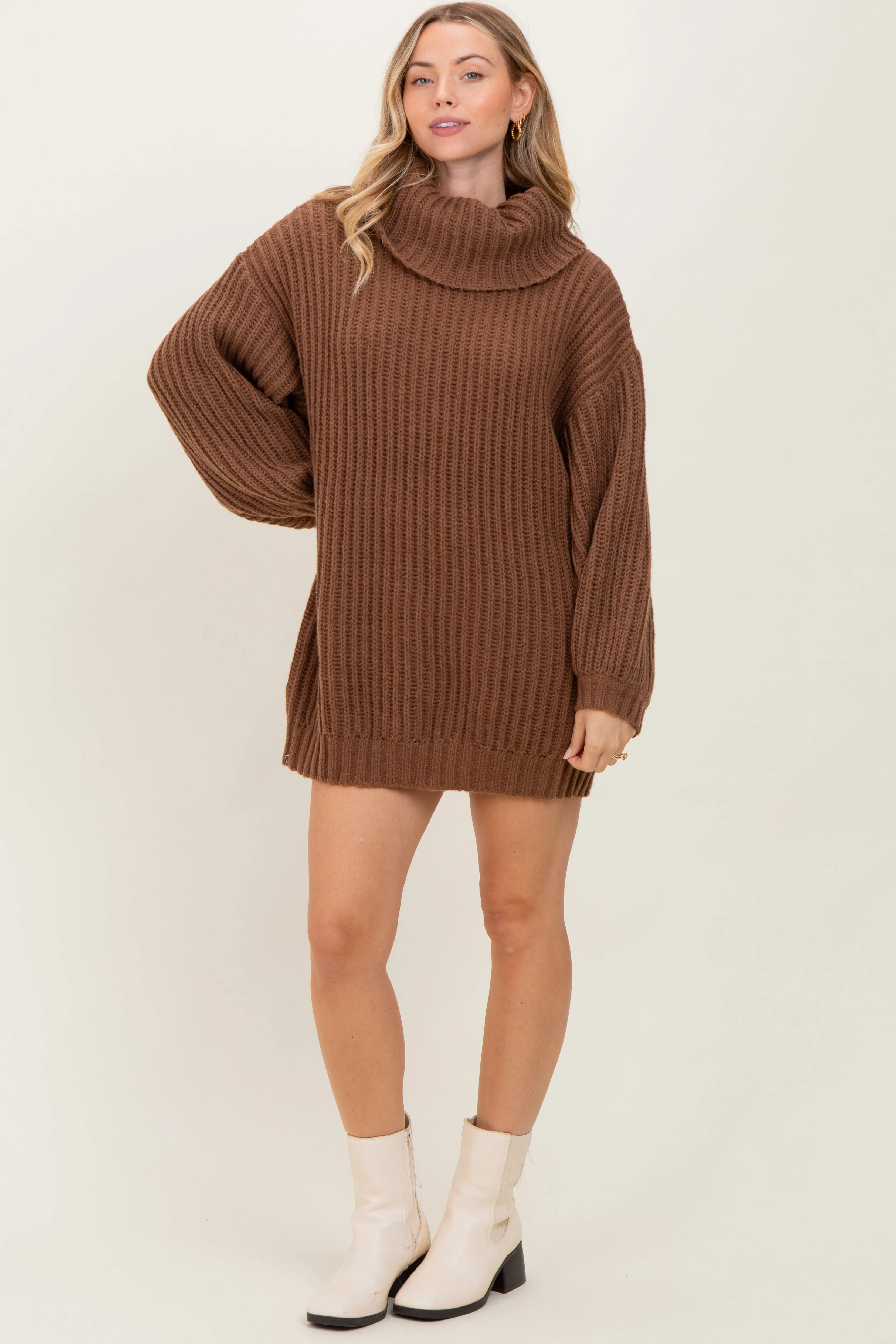 Light Brown Turtleneck Puff Sleeve Sweater Dress sold by Pinkblush product image thumbnail 2