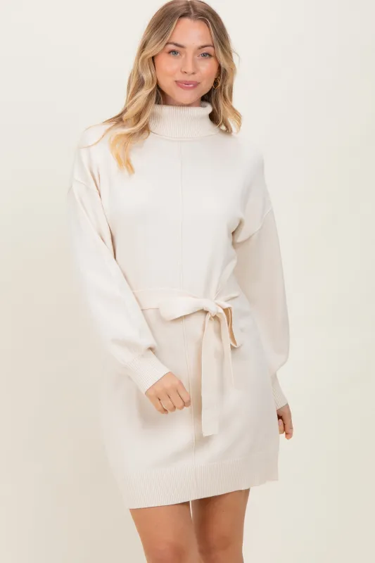 Cream Turtleneck Belted Mini Sweater Dress sold by Pinkblush