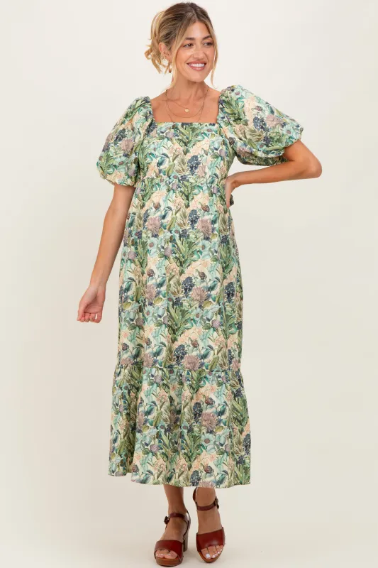 Multicolor Floral Puff Sleeve Bow Tie Detail Maternity Midi Dress sold by Pinkblush