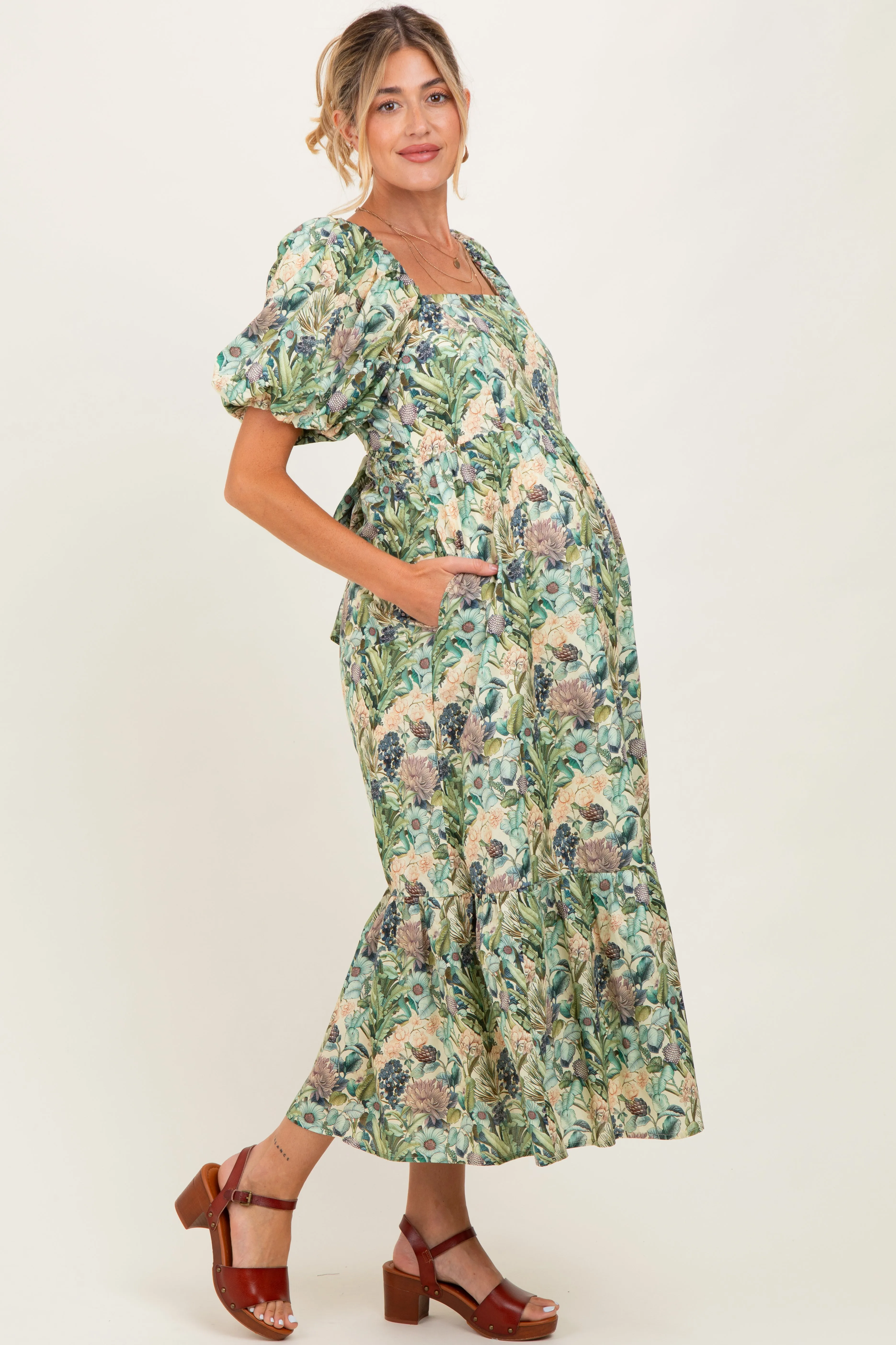 Multicolor Floral Puff Sleeve Bow Tie Detail Maternity Midi Dress sold by Pinkblush product image thumbnail 2