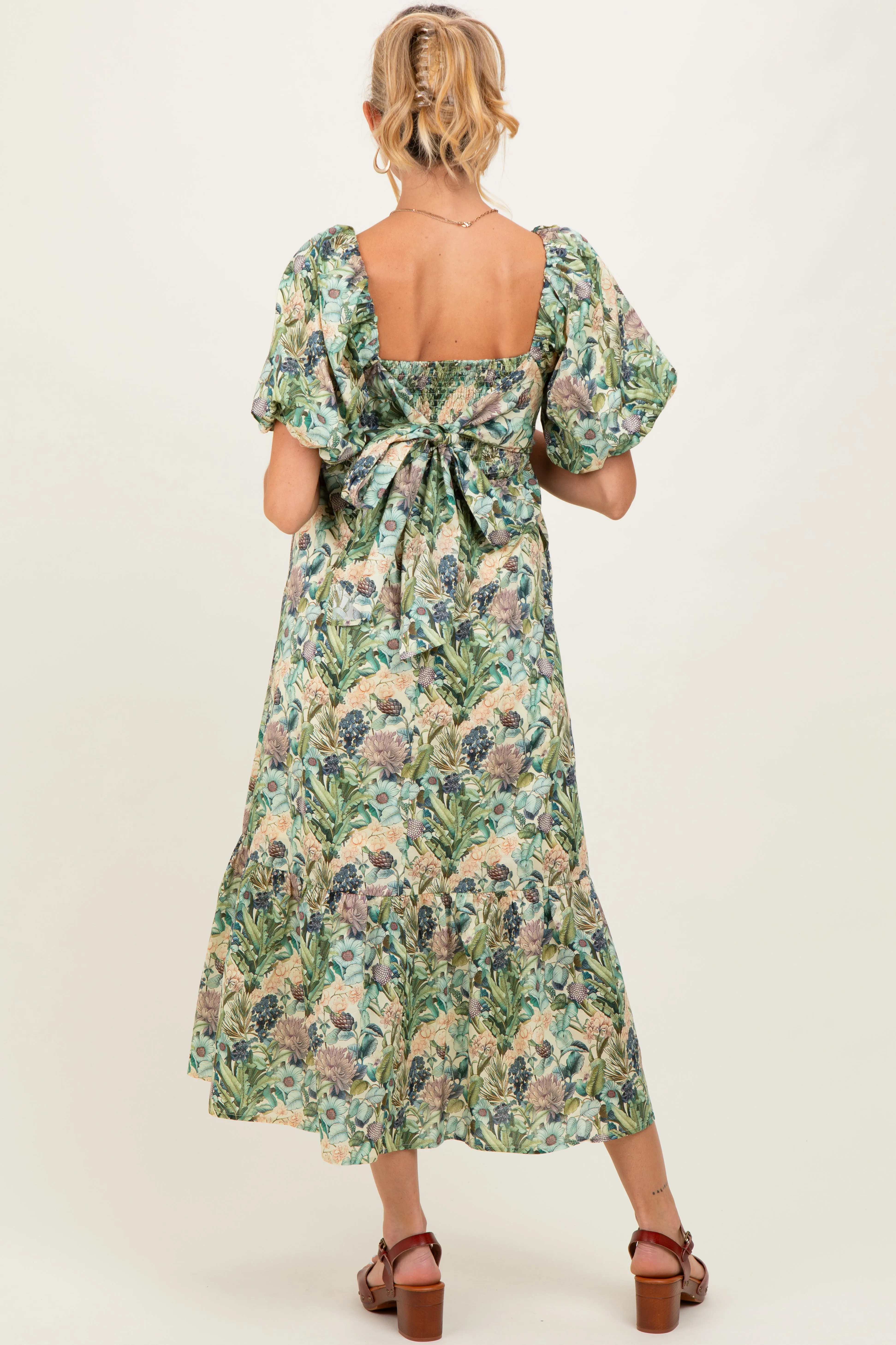 Multicolor Floral Puff Sleeve Bow Tie Detail Maternity Midi Dress sold by Pinkblush product image thumbnail 3