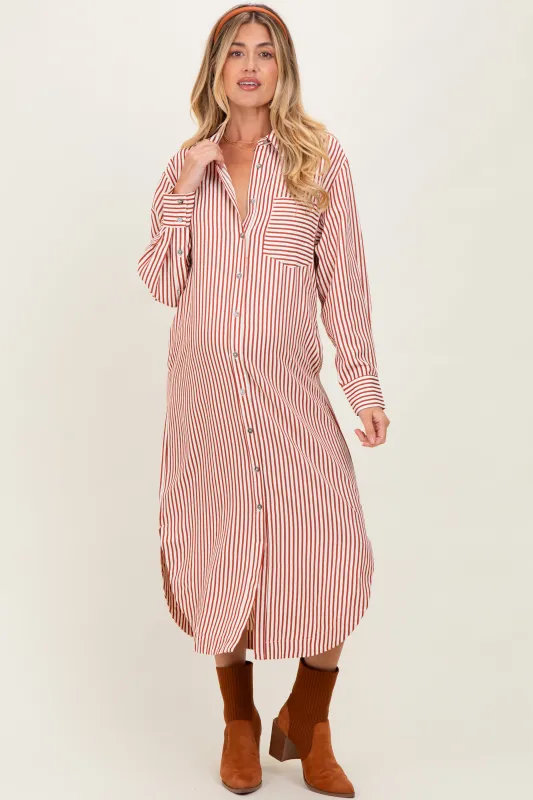Rust Textured Stripe Button Down Maternity Shirt Dress sold by Pinkblush