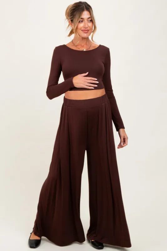 Brown Long-Sleeve Crop Top And Maxi Pants Maternity Set sold by Pinkblush