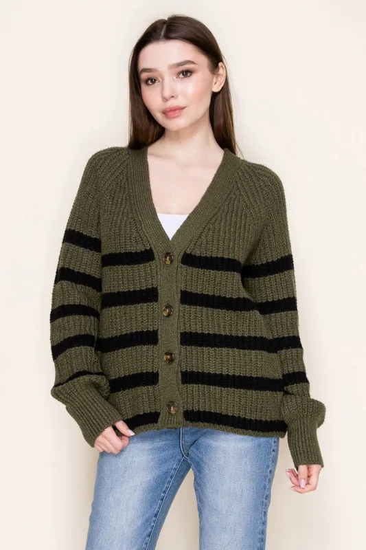 Olive Striped Chunky Knit Button Cardigan sold by Pinkblush