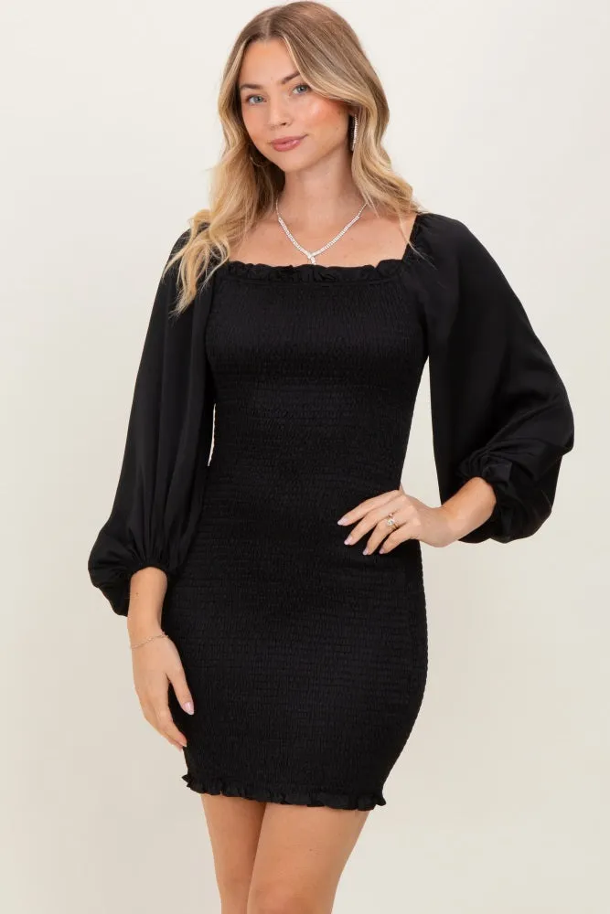 Black Satin Smocked Bubble Sleeve Maternity Mini Dress sold by Pinkblush product image thumbnail 4